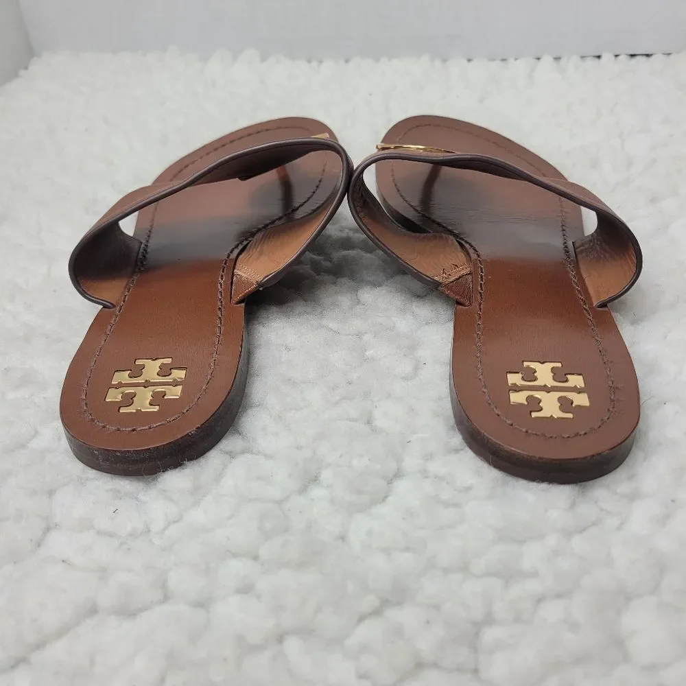 Tory Burch Patos Disk Womens Flip Flops Sandals Size 8.5 Brown Leather